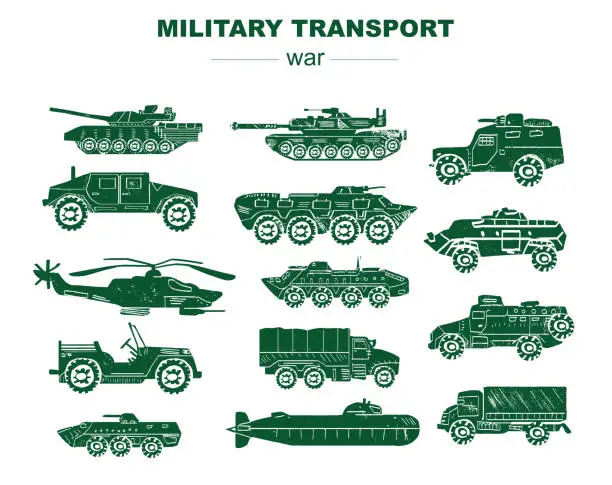 Vector illustration of Army vehicles and war equipment, military transport engraving, ink style vector set. Military tank, plane, submarine and helicopter, army artillery, combat weapon and wartime ammunition technics