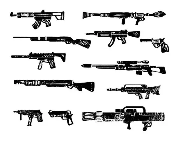 Vector illustration of Big set of various weapons engraving, ink style set. Collection of various realistic firearms. Isolated assult rifles, sniper rifles, shotguns, handguns, machine guns, historical guns and other.