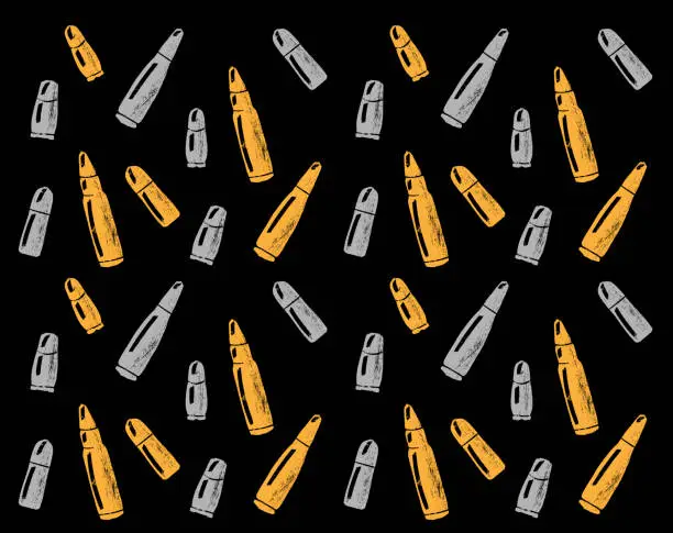 Vector illustration of Bullet gun. Silver and gold combat cartridge. Pattern. Black background. Vector illustration. Engraving, ink style