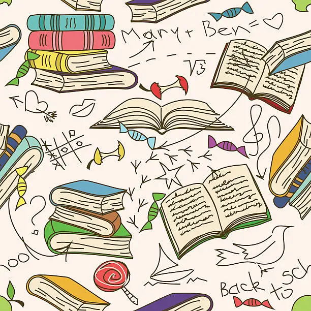 Vector illustration of Comic doodle seamless pattern of books and children's scribbles