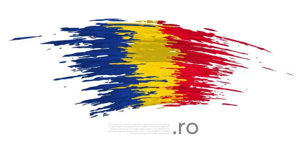 Vector illustration of Romania flag. Brush strokes, grunge. Stripes colors of the romanian flag on a white background. Vector design national poster, template, place for text. State patriotic banner of romania, flyer