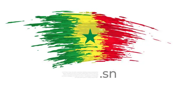 Vector illustration of Senegal flag. Brush strokes, grunge. Stripes colors of the senegalese flag on a white background. Vector design national poster, template, place for text. State patriotic banner of senegal, flyer