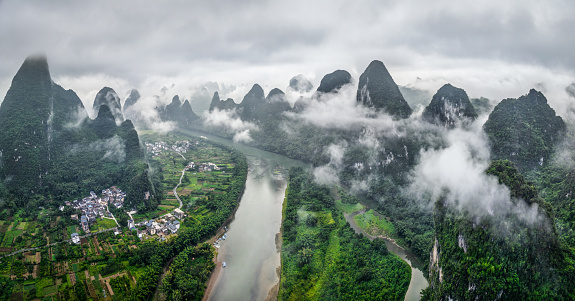 China Guilin Mashan Mountain, Nine horses mountain scenery with Li river in Yangshuo, Guangxi region