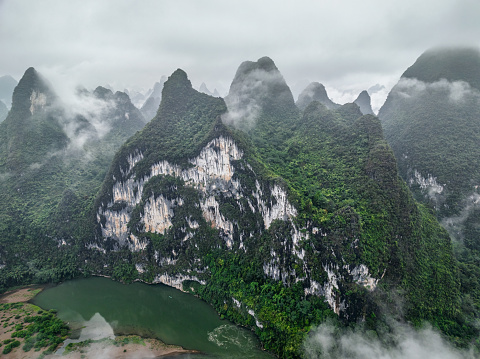 Aerial view of Nine horses mountain scenery with Li river in Yangshuo, Guangxi region