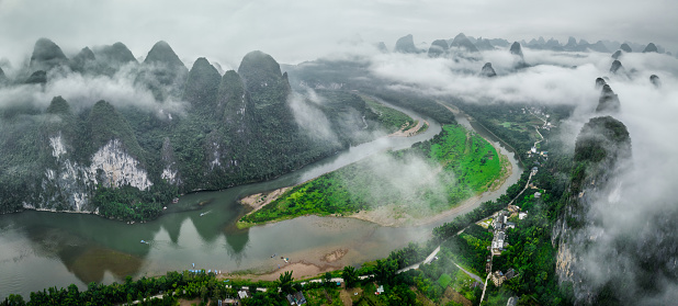 Aerial shot of Li River and Mashan Mountain in Yangshuo County, Guilin, China