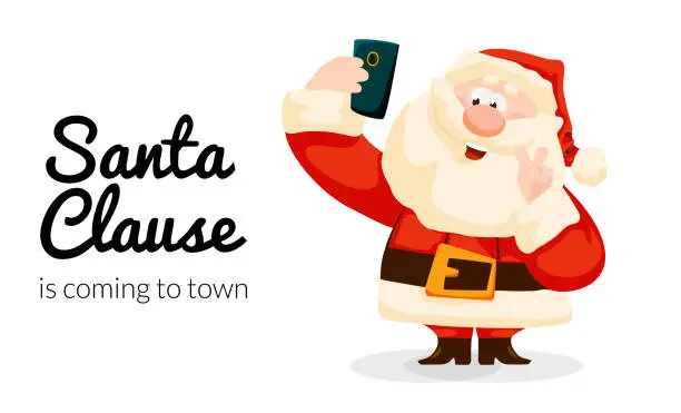 Vector illustration of Funny cartoon Santa Claus takes a selfie. Christmas card with Santa smartphone takes a photo of itself