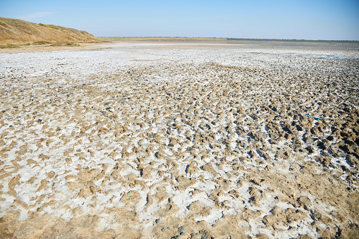 The shore of the salt lake. Sand covered with salt. Texture. A rare natural phenomenon.