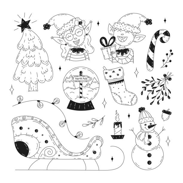 Christmas set of doodle elements. Hand drawn Christmas graphics. Set of holiday elements for design. Vector stock illustration on isolated white background. Christmas tree, elves, snowman, sleigh.