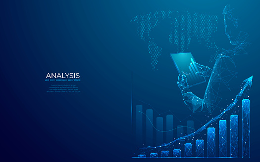 Stock market concept. Growth chart and businessman with tablet in his hands. Global business. Abstract diagram with up arrow in low poly wireframe style on dark blue background. Finance and economy.