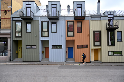 Oslo, Norway, July 4, 2023 - Five town houses (Tiny Houses) in a row are situated in Nordre gate at the area of Grünerløkka, Oslo.