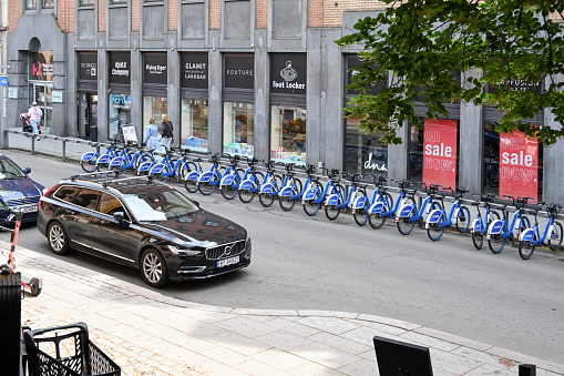 Oslo, Norway, July 3, 2023 - Oslo City Bike Station by City Bike Partner OBOS near the central station.