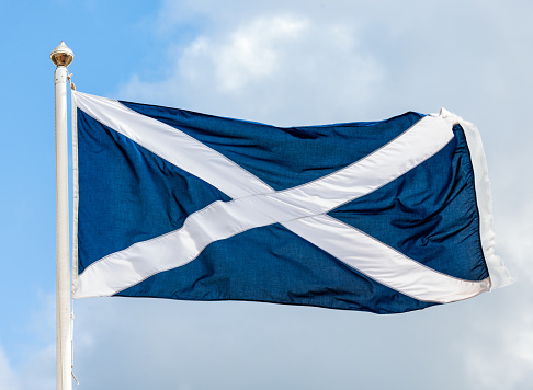 The national flag of Scotland, flying on a windy day in summer.