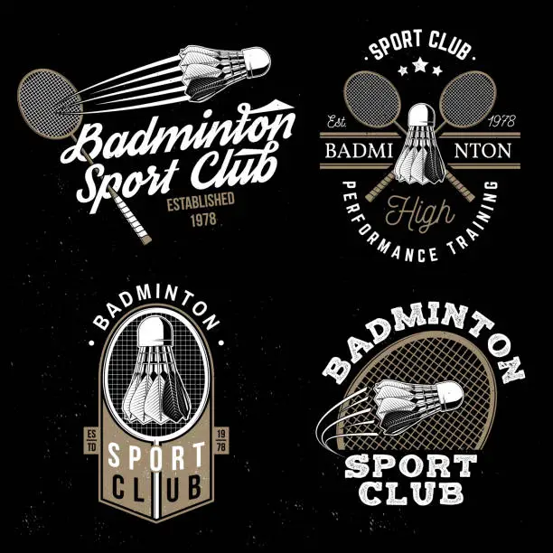 Vector illustration of Set of badminton sport badge, patch, emblem, logo. Vector illustration. Vintage badminton label with racket and shuttlecock silhouettes. Concept for shirt or logo, print, stamp or tee