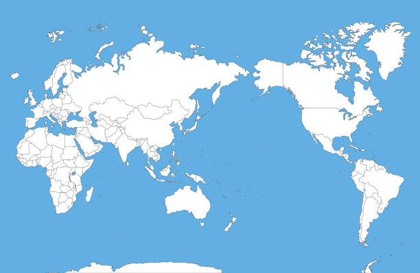 World map with national borders, Pacific Ocean, blank map World map with national borders, Pacific Ocean, blank map pacific ocean stock illustrations