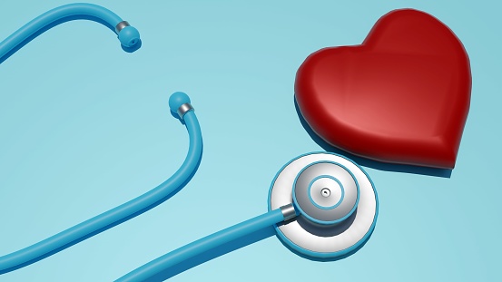 A single stethoscope and a red heart shape on an isolated background, 3D rendering
