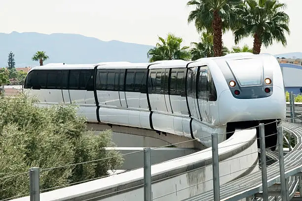 Monorail arriving to the station on the Las Vegas Strip. It connects the unincorporated communities ofA ParadiseA and Winchester.