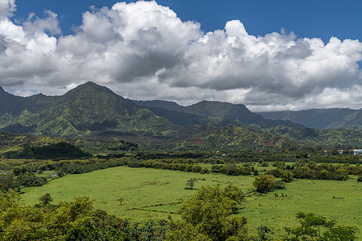 The view from the Hanalei Bay Lookout of the lush valley, mountains and the Pacific Ocean in Kauai, Hawaii, United States.