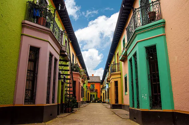 Bright colorful historic buildins in Los Martires neighborhood in Bogota, Colombia