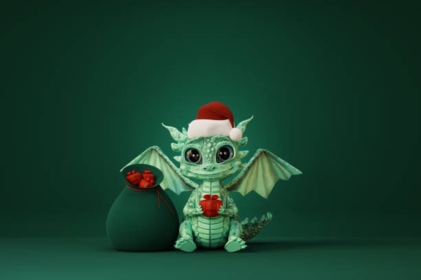 istock Cute cartoon baby dragon wearing into Santa hat. 3d render 1780158520