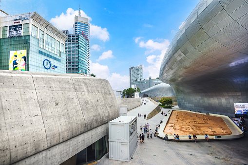 Seoul, South Korea: July 22, 2023: Modern architecture of Dongdaemun Design Plaza or DDP, This Plaza is the famous Moderness design landmark of Seoul, South Korea.
