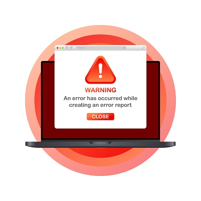 Warning notice. Flat, red, laptop with error, warning on laptop, report error. Vector illustration