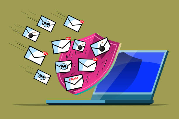 ilustraciones, imágenes clip art, dibujos animados e iconos de stock de proteja el correo no deseado de notebook y defense de la red. - spamfilter