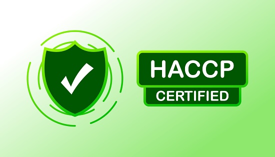 HACCP Certified quality mark. Flat, green, shield with check mark, HACCP certified. Vector illustration