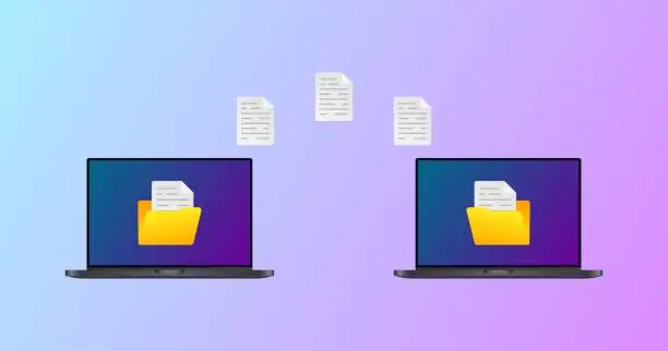 Vector illustration of Transferring files on a laptop. Flat, color, file on screen, two laptops, file transfer. Vector illustration