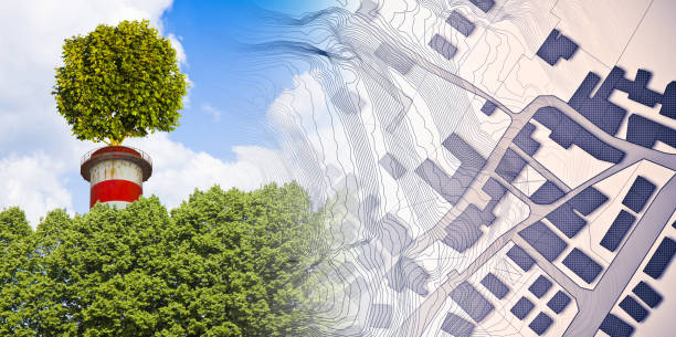 istock Green industrial conversion in our cities - Zero CO2 emissions concept with a tree on top of a chimney and imaginary city map 1780176292