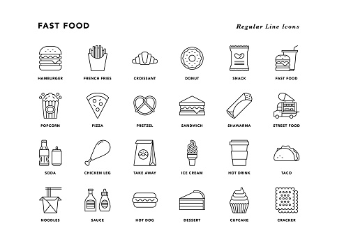 Fast Food - Regular Line Icons - Vector EPS 10 File, 24 Icons.