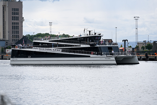 Oslo, Norway, July 3, 2023 - The electric sightseeing cruise ship Legacy of the Fjords in the port of Oslo.