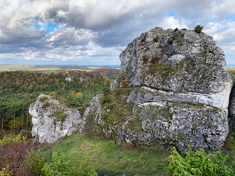 Chalk rock landscape of Polish Jurassic Highland or Polish Jura Jura Krakowsko-Częstochowska, is landscape of the Jurassic System of south–central Poland. Aerial view.