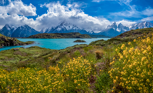 Turquoise glacial lakes and the Cordillera del Paine in Torres del Paine National Park in Patagonia, southern Chile, South America.