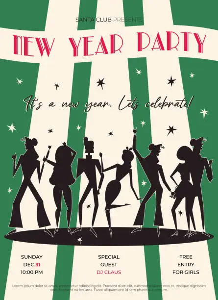 Vector illustration of Night club retro New Year party invitation with dancing people silhouette.