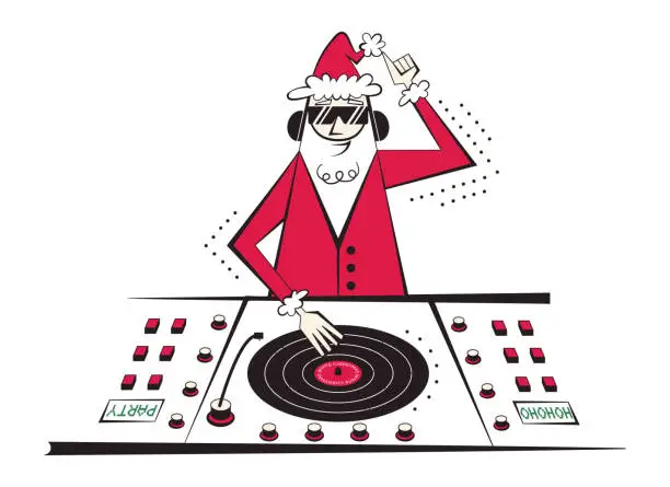 Vector illustration of 60s - 70s style DJ Santa Claus character vector illustration for Christmas and New year.