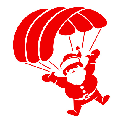 Santa Claus silhouette descends to earth under parachute. Vector icon on transparent background