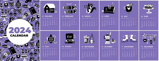 istock Multipage Calendar template for 2024. Vertical design doodles of four seasons activities. Editable pages with vector black and white illustrations, set of 12 months with cover. Week starting on Monday 1780200994