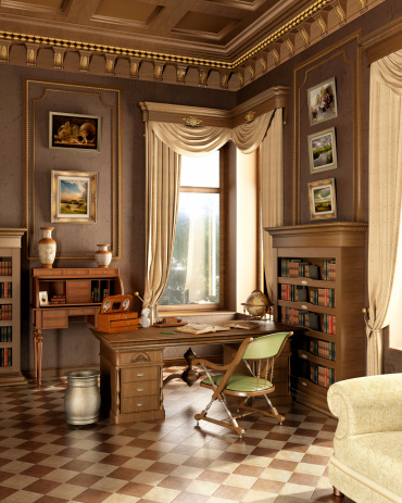 Antiguo clásico lugar de trabajo de la habitación tipo estudio con escritorio y objetos antiguos. photo