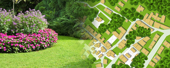 Garden design concept with circular flowerbed, flowers, green lawn ad imaginary cadastral map with areas reserved for public parks
