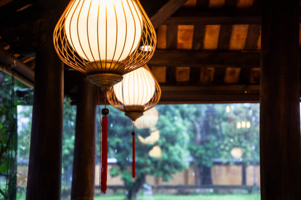 Lantern style ceiling lights inside a traditional building in Asia