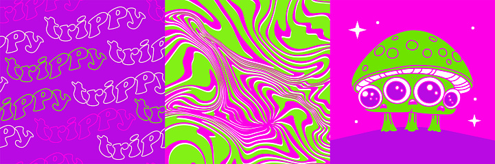 Psilocybin mushrooms cards or covers set. Psychedelic patterns with magic mushroom character, a group of fungi that contain psilocybin which turns into psilocin upon ingestion. 90s neon vector design