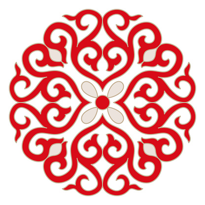 Red white symmetrical floral design pattern. Abstract ornate complex flower petals swirl curves symmetrical art deco graphic.
