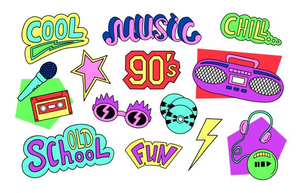 illustrazioni stock, clip art, cartoni animati e icone di tendenza di set di nostalgia di musica retrò anni '90 e '00. boombox vintage, lettore cd audio, cassetta. adesivi disegnati a mano. stile memphis - short phrase audio