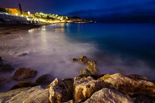 Romantic Cote d'Azure Beach at Night, Nice, French Riviera, France