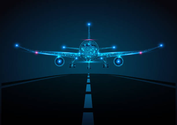 istock Airplane flying travel low poly wireframe mesh and dots. Business wireframe mesh spheres from flying debris. Front view. Blue structure style vector illustration 1780217156