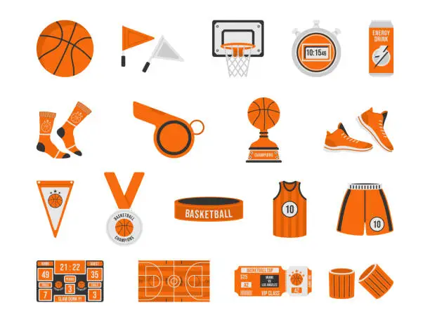 Vector illustration of Basketball Elements Modern Flat Style. Basketball Equipment Collection Vector Icons Illustration on White Background.
