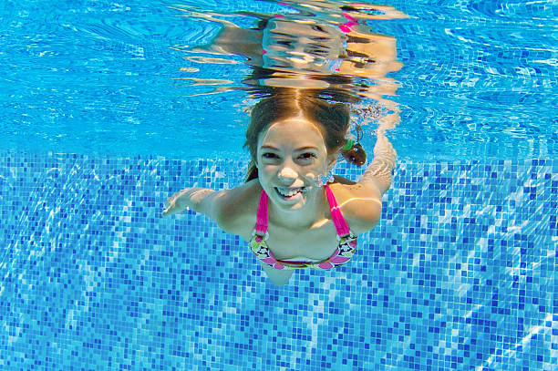 istock Happy active child swims underwater in pool 178022000