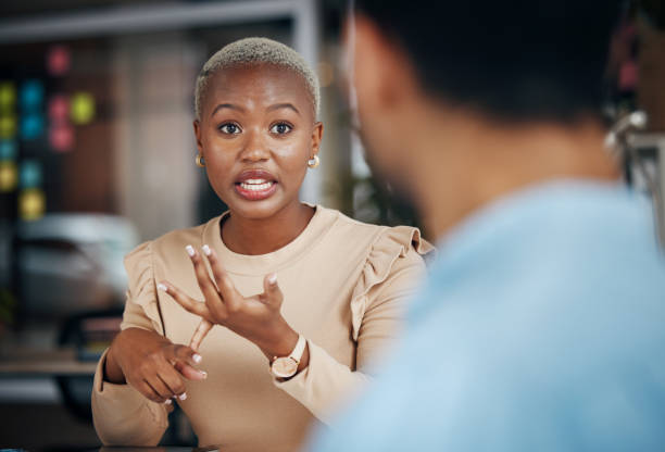 istock Job interview, human resources recruitment and black woman explain hiring process, HR communication or networking. Talking, speaking and team collaboration chat, strategy discussion or conversation 1780228947