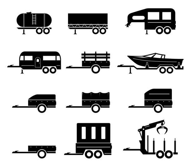 Car trailers black monochrome silhouette cargo transportation side view set vector flat illustration Car trailers black monochrome silhouette cargo transportation side view set vector flat illustration. Industrial automobile vehicle caravan capture tow truck awning cart tank RV boat move semitrailer boat trailer stock illustrations