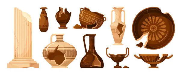 Vector illustration of Broken antique ceramics crockery pot plate amphora and pile column set isometric vector